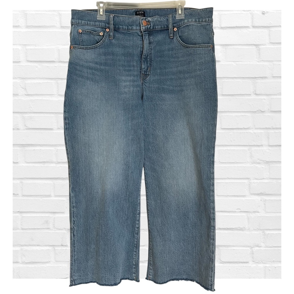 J. Crew Women's Sz 34 Cropped Wide Leg Blue Jeans Preppy Distressed